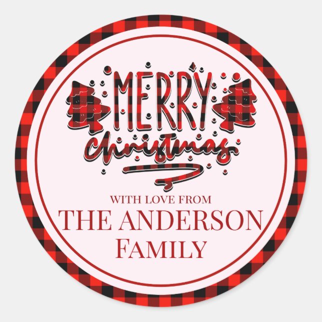 Sticker Rond Personnaliser Joyeux buffle rouge plaid (Devant)