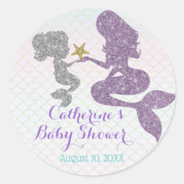 Sticker Rond Personnaliser Mermaid Baby shower Étincelle Purple