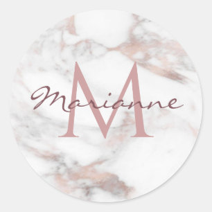 Sticker Rond Personnaliser Monogramme Marbre Moderne Rose Gold