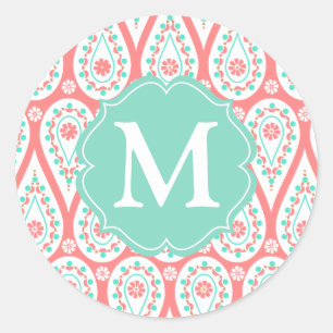 Sticker Rond Personnalized moderne Damask Coral Paisley