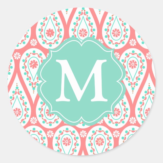 Sticker Rond Personnalized moderne Damask Coral Paisley (Devant)