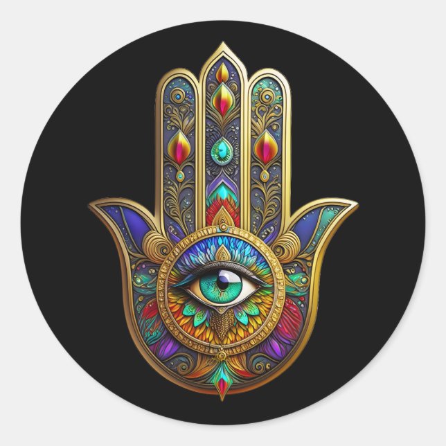 Sticker Rond Pétales de fleurs de couleur de paon Hamsa Vert Tr (Devant)