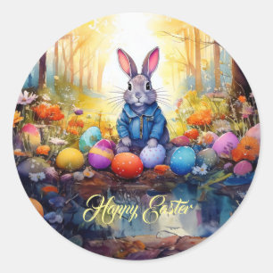 Sticker Rond Peter Lapin de Pâques avec Oeufs de Pâques