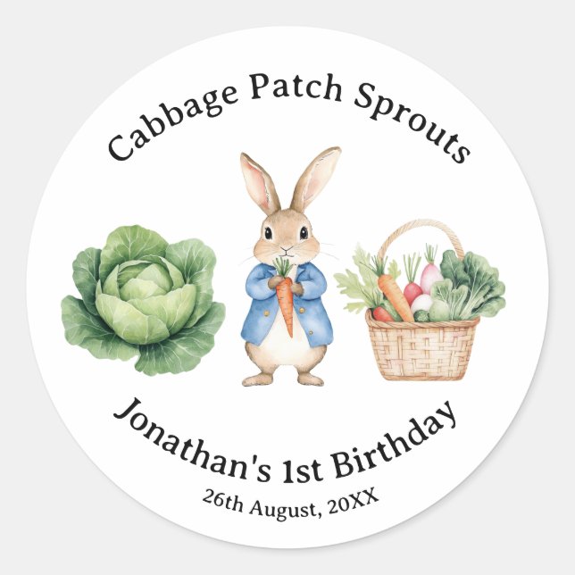 Sticker Rond Peter Rabbit Veggie Panier Baby shower Favoriser (Devant)