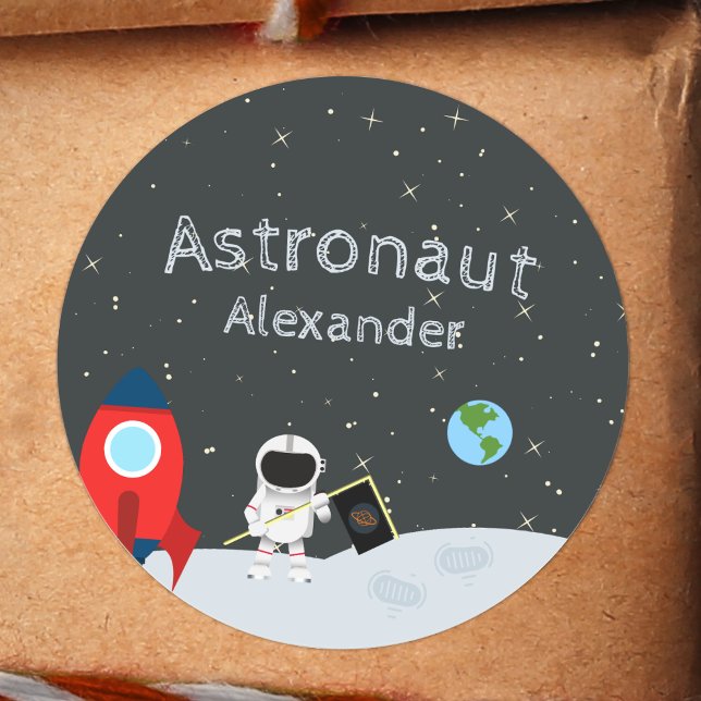 Sticker Rond Petit astronaute sur la Lune, espace prénom (Créateur téléchargé)