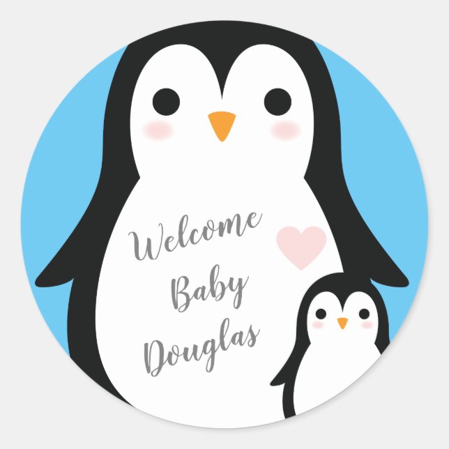 Sticker Rond Petit Baby shower de pingouin bleu garçon (Devant)