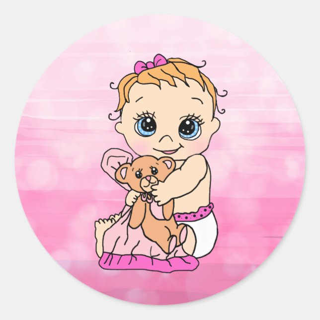 Sticker Rond Petit Bébé caucasien doux avec ours en peluche (Devant)