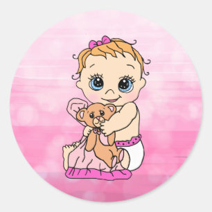 Sticker Rond Petit Bébé caucasien doux avec ours en peluche
