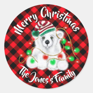 Sticker Rond Petit bébé ours polaire de Noël, petit ours de Pèr