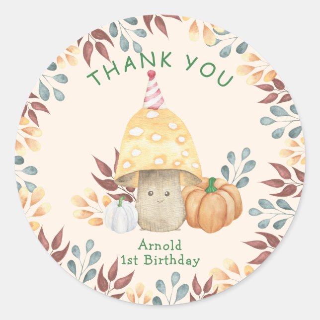 Sticker Rond Petit Champignons premier Anniversaire MERCI (Devant)