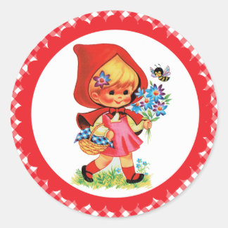 Sticker Rond Petit chapeau rouge vintage sur Red Bias En vichy