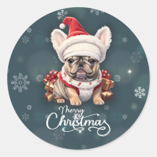 Sticker Rond Petit Chien à taureaux français Santa Hat Joyeux N