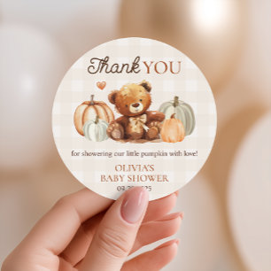 Sticker Rond Petit Citrouille En vichy Teddy Bear Baby shower d