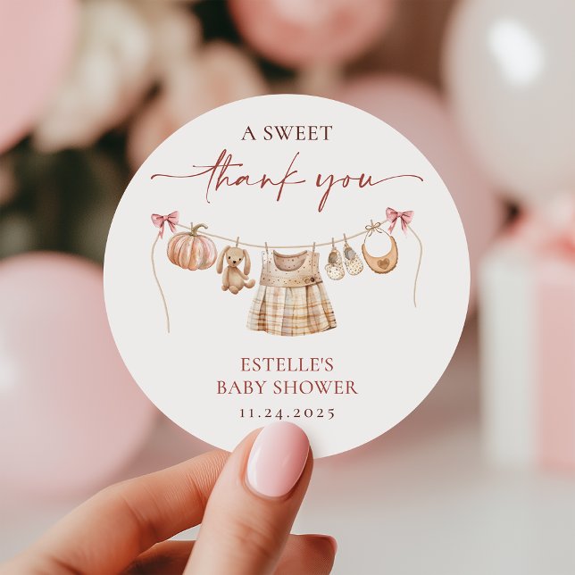 Sticker Rond Petit Citrouille Fall Rose fille Baby shower Favor (Créateur téléchargé)