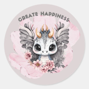 Sticker Rond Petit Dragon rose mignon "Créer le bonheur"