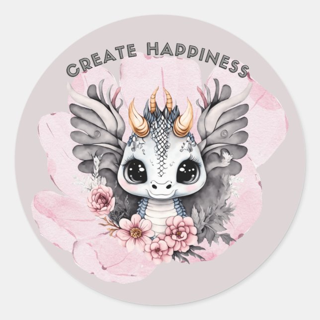 Sticker Rond Petit Dragon rose mignon "Créer le bonheur" (Devant)