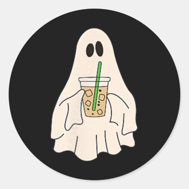 Sticker Rond Petit Fantôme Boire Café glacé Halloween Éffrayant (Devant)