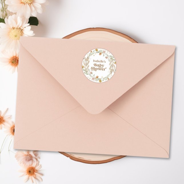 Sticker Rond Petit Fleur sauvage Boho Nature Baby shower à thèm (Little Wildflower Boho Nature Theme Baby Shower Classic Round Sticker)