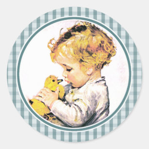 Sticker Rond Petit Garçon avec poussette. Première Pâques du bé