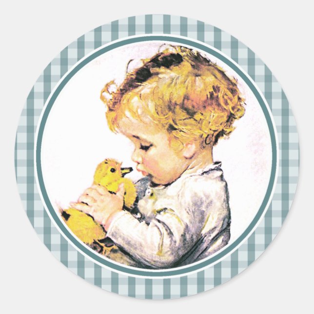 Sticker Rond Petit Garçon avec poussette. Première Pâques du bé (Devant)