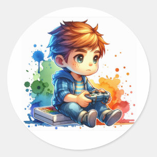 Sticker Rond Petit Garçon Jouant aux jeux vidéo