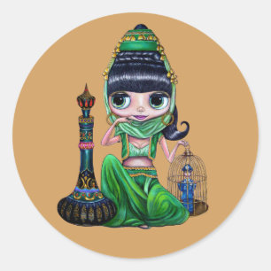 Sticker Rond Petit Génie Vert Fille Danseuse du ventre