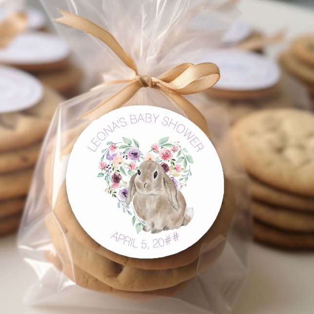 Sticker Rond Petit Lapin Baby shower Floral Amour Coeur (Floral Rabbit Sticker from my Little Bunny & Little Lamb Baby Shower collection)