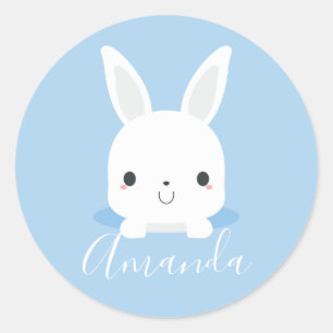 Sticker Rond Petit lapin bleu mignon avec nom personnalisé