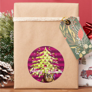 Sticker Rond Petit léopard d'Anime sous arbre de Noël de la cha