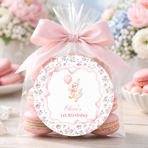 Sticker Rond Petit Oie Rose Ruban Floral Anniversaire Merci