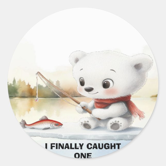 Sticker Rond Petit Ours A Finalement Atterré Un Poisson (Devant)