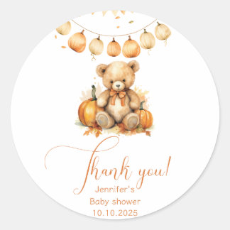 Sticker Rond Petit ours citrouille baby shower d'automne merci