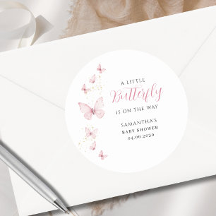 Sticker Rond Petit papillon rose fille Baby shower d'aquarelle
