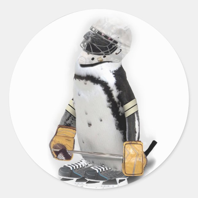 Sticker Rond Petit Penguin portant un engin de hockey (Devant)