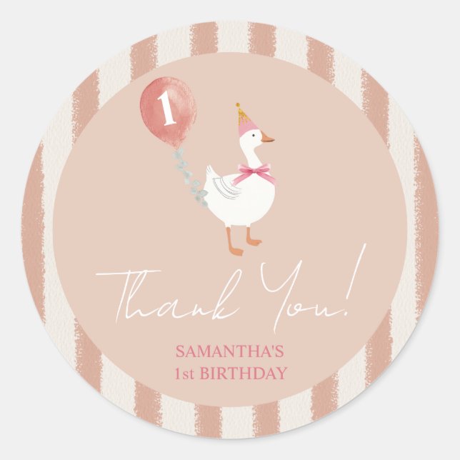 Sticker Rond Petite bête rose oie Merci d'anniversaire (Devant)