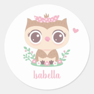 Sticker Rond Petite chouette mignonne avec un nœud rose
