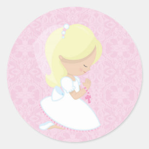 Sticker Rond Petite fille blonde, rose, première communion