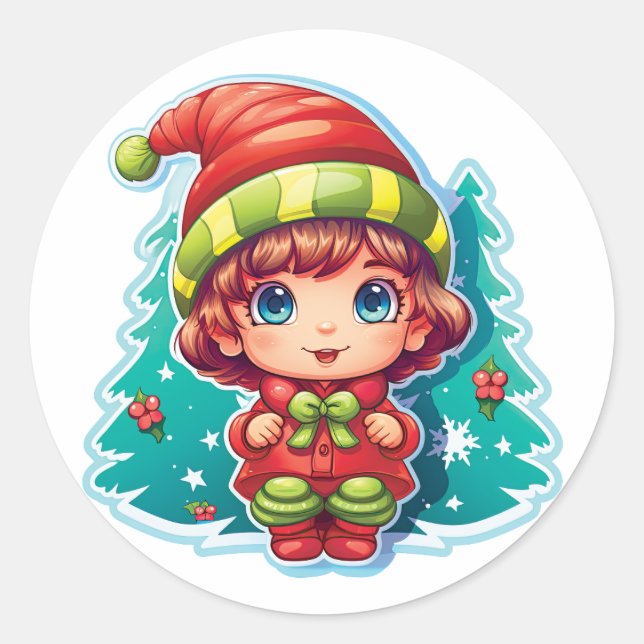 Sticker Rond Petite fille Elf Xmas Magie (Devant)