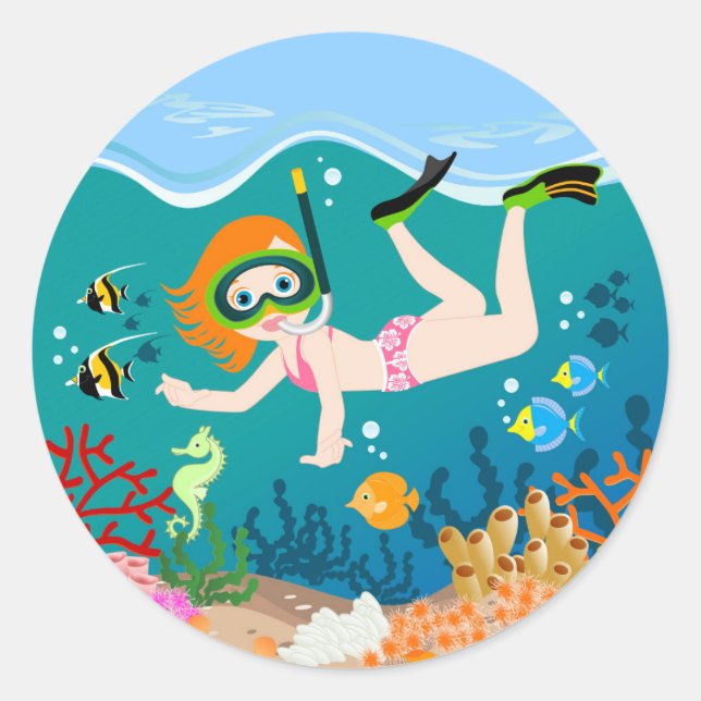 Sticker Rond Petite fille en snorkeling sous la mer (Devant)
