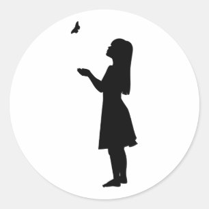 Sticker Rond Petite Fille Et Papillon Silhouette Enfant Nature