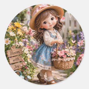 Sticker Rond Petite fille et son jardin de fleurs
