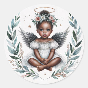 Sticker Rond Petite Fille Noire Ange avec Halo