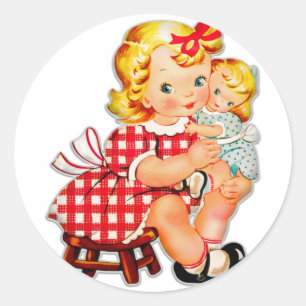 Sticker Rond Petite fille rétro vintage poupée enfant