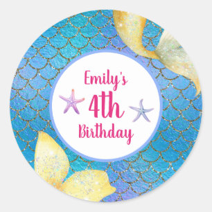 Sticker Rond Petite fille Sirène 4e anniversaire