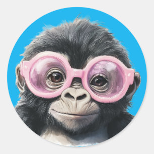 Sticker Rond Petite Gorilla avec lunettes roses noir bleu noir