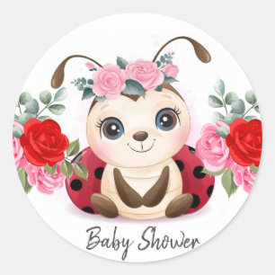 Sticker Rond Petite Ladybug Rouge rose Baby shower Floral Fille