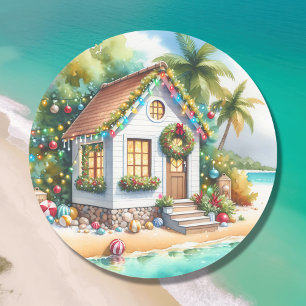 Sticker Rond Petite maison sur la plage Festive Noël