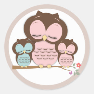 Sticker Rond Petite maman et Chevêches jumelles dans une branc
