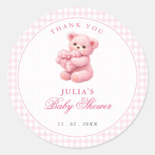 Sticker Rond Petite Ourson Rose à Carreaux Baby Shower