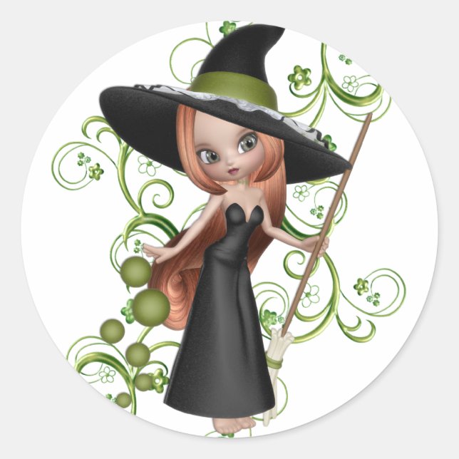 Sticker Rond Petite sorcière rousse avec Green Vines Design (Devant)